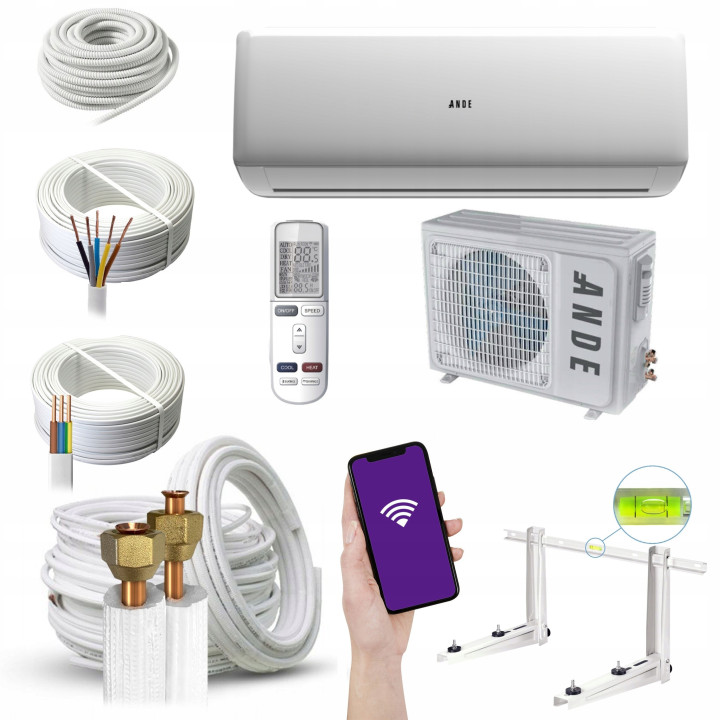 Klimatyzacja Klimatyzator 2,6KW ANDE+ 20db GRZANIE 30m2 4D Zestaw 3mb