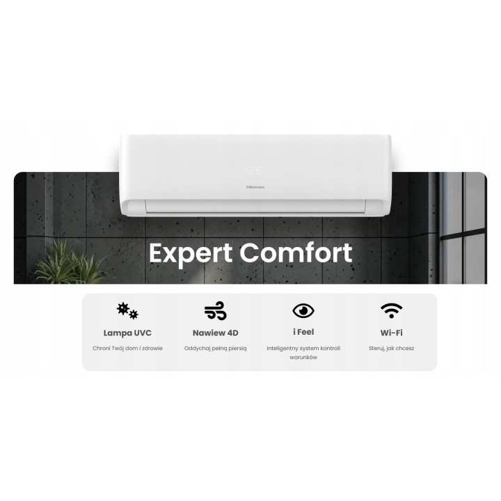 Klimatyzator ścienny Hisense Expert Comfort 3,5 kW z WiFi, Zestaw 6mb