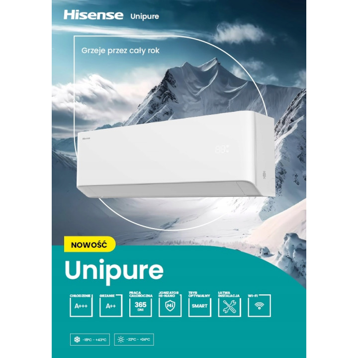 Klimatyzator ścienny z grzaniem Hisense Unipure 2,6 kW z WiFi Zestaw 7mb