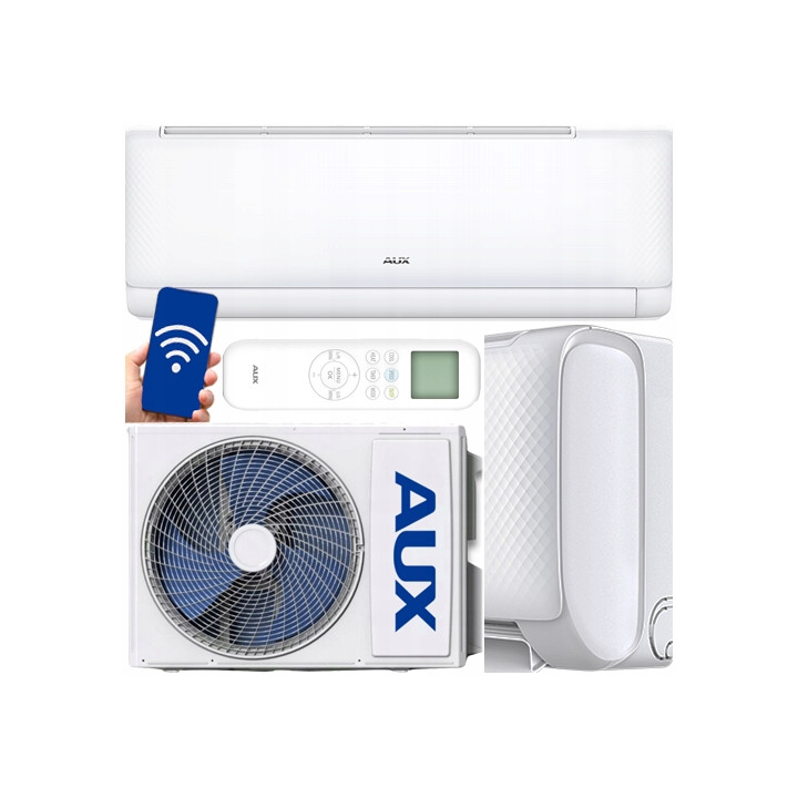 Klimatyzator ścienny AUX Q-Smart Eco 2,7 kW WiFi grzanie lampa Zestaw 6mb