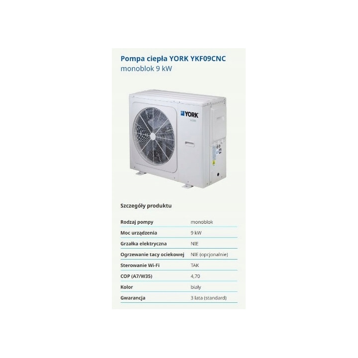 Pompa ciepła YORK YKF09CNC monoblok 9 kW Sterowanie WiFi