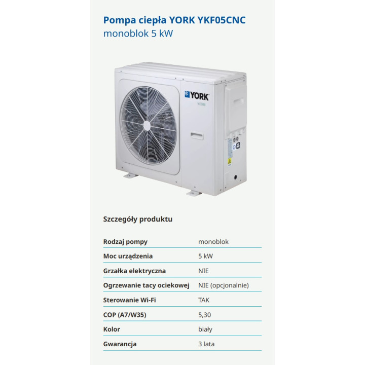Pompa ciepła YORK YKF05CNC monoblok 5kW Sterowanie WiFi