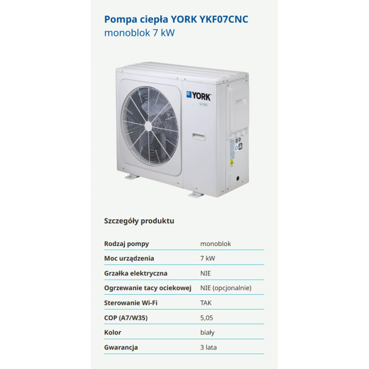 Pompa ciepła YORK YKF07CNC monoblok 7kW Sterowanie WiFi