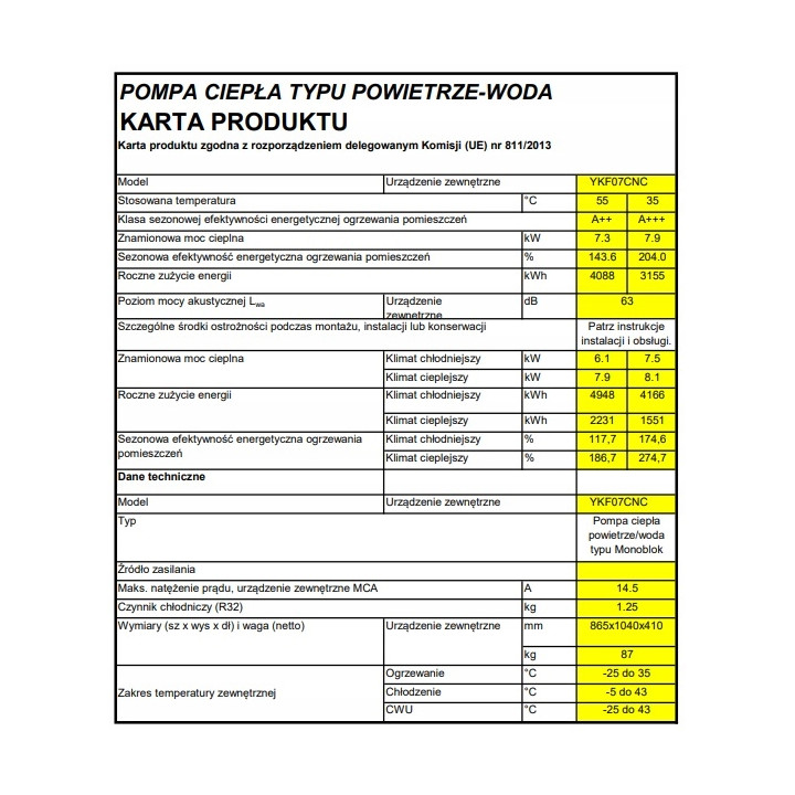 Pompa ciepła YORK YKF07CNC monoblok 7kW Sterowanie WiFi