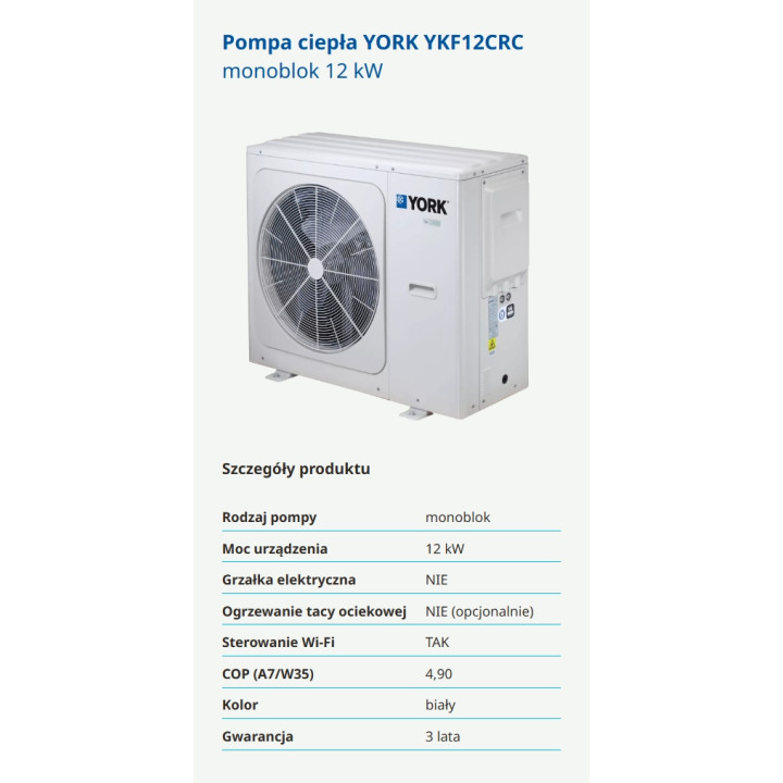 Pompa ciepła YORK YKF12CRC monoblok 12kW Sterowanie WiFi