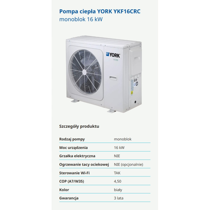 Pompa ciepła YORK YKF16CRC monoblok 16kW Sterowanie WiFi