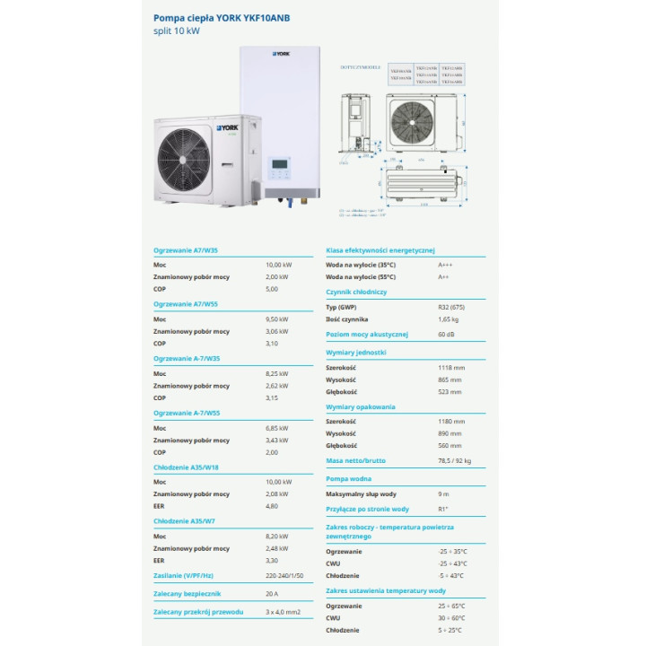 Pompa ciepła YORK YKF10ANB split 10kW Sterowanie WiFi