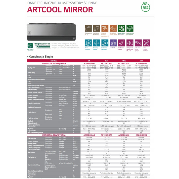 KLIMATYZACJA LG ArtCool Mirror Wi-Fi 2,5kW Pilot