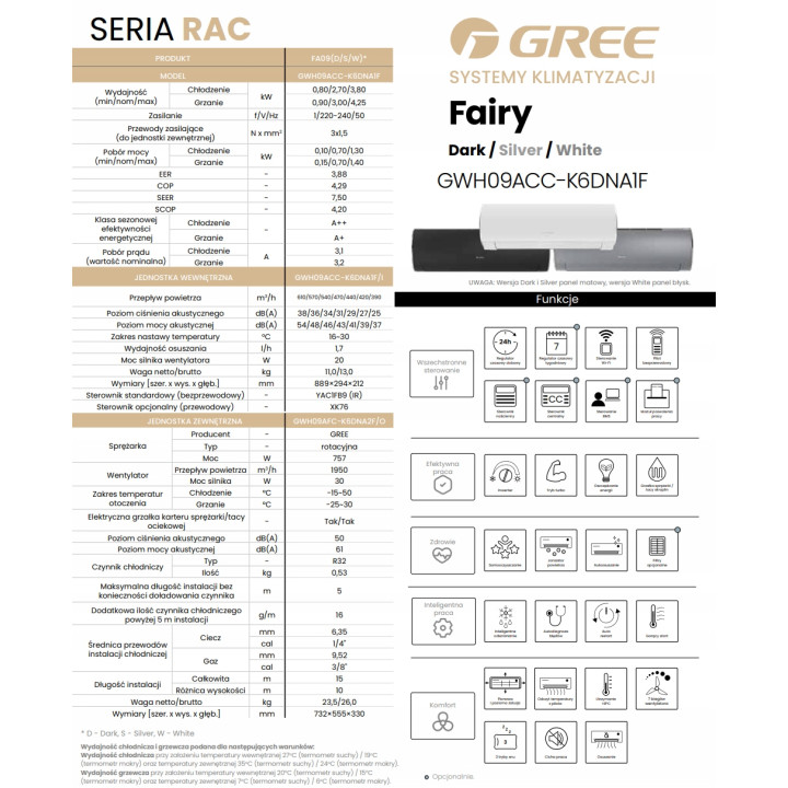 KLIMATYZACJA ścienna GREE Fairy Silver 2,7kW WiFi Mocny Klimatyzator