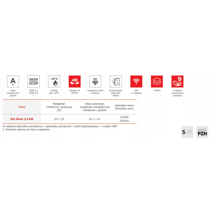 Klimatyzator ROTENSO ELIS SILVER 3,4kW wifi pilot chłodzenie ogrzewanie