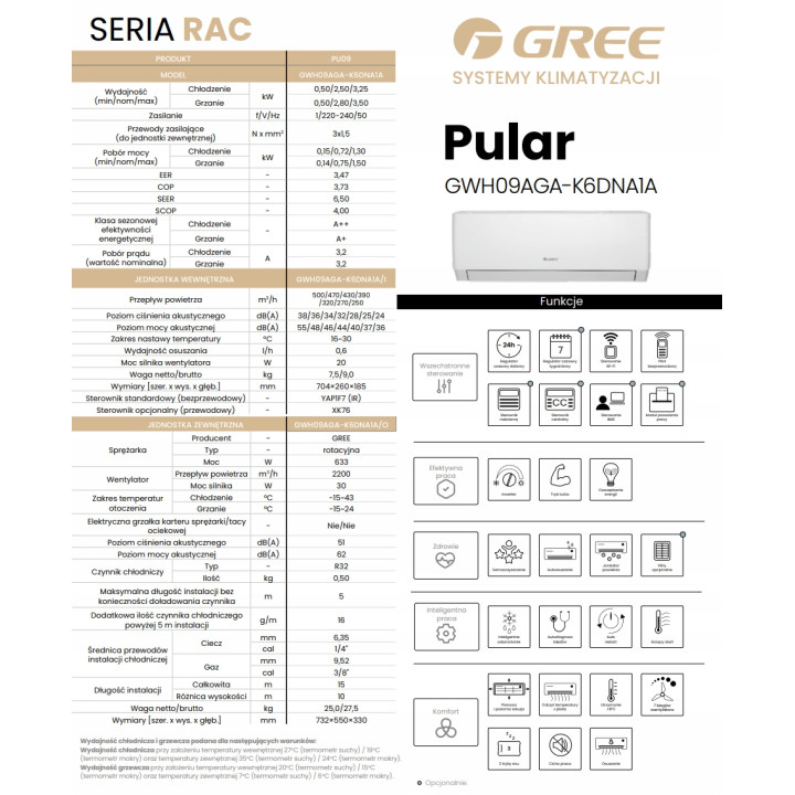 Klimatyzacja domowa GREE Pular Shiny 4,6kW WiFi Klimatyzator Grzanie