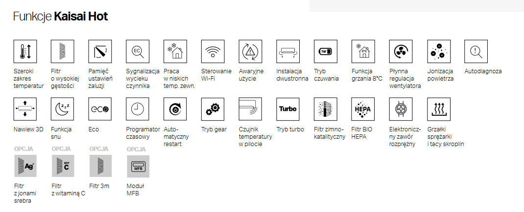 Klimatyzator Kaisai Hot funkcje