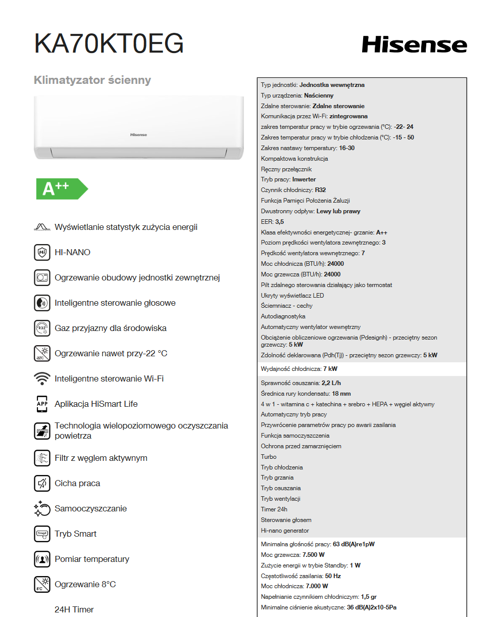 Klimatyzator Hisense Energy parametry